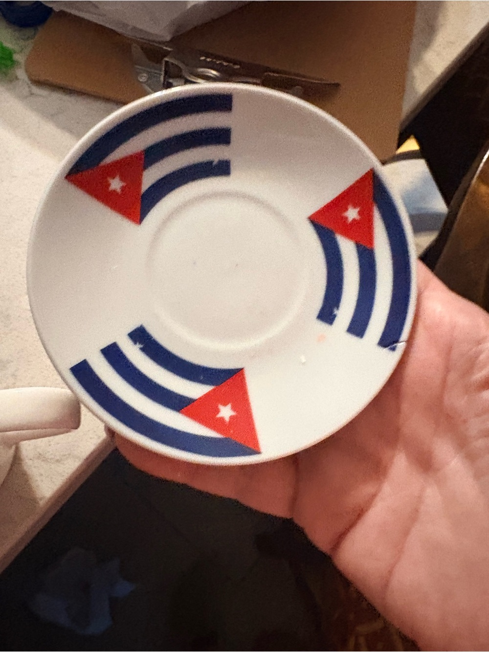 White Ceramic Saucer with Red & Blue Triangle Accent butterpat small